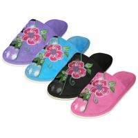 S1505 - Wholesale  Women's "EasyUSA" Satin Upper Open Toe With Embroidered Floral House Slippers ( *Asst. Black. Pink. Blue And Purple )